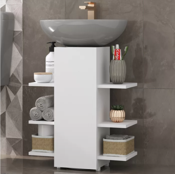 Meuble Salle De Bain Colonne Lavabo Mark Decoomid Couleur Blanc – Image 2